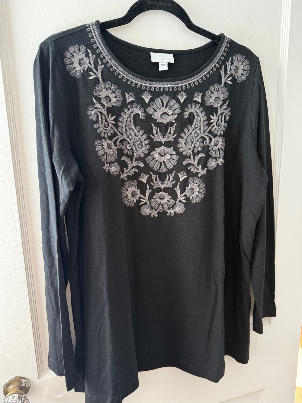 J. Jill Black Long-Sleeve Top with Gray Floral Embroidery